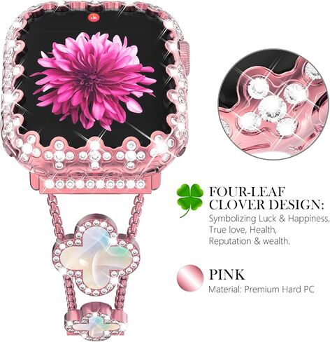 WINGLE Bling Bumper Case Compatible for Apple Watch Series 9/8/7 41mm, 4 Leaf Clover Diamond Protective Face Cover for Women, Hard PC Frame Protector for iWatch Apple Watch Case 41mm Lace Edge Pink in Saudi Arabia