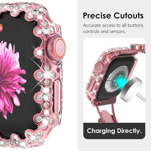 WINGLE Bling Bumper Case Compatible for Apple Watch Series 9/8/7 41mm, 4 Leaf Clover Diamond Protective Face Cover for Women, Hard PC Frame Protector for iWatch Apple Watch Case 41mm Lace Edge Pink in Saudi Arabia