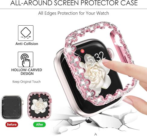 WINGLE Bling Bumper Case Compatible for Apple Watch Series 9/8/7 41mm, 4 Leaf Clover Diamond Protective Face Cover for Women, Hard PC Frame Protector for iWatch Apple Watch Case 41mm Lace Edge Pink in Saudi Arabia