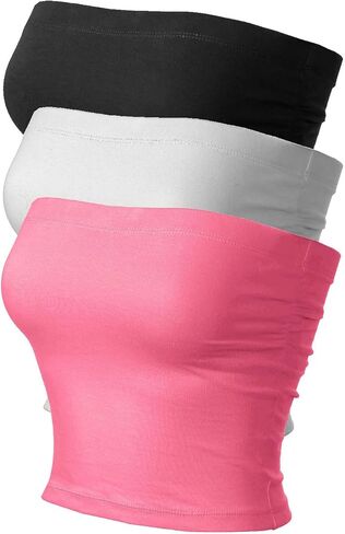 MixMatchy Women's 3 Pack Casual Summer Ruched Side Backless Double Layered Tube Top with Built in Shelf Bra in Kuwait