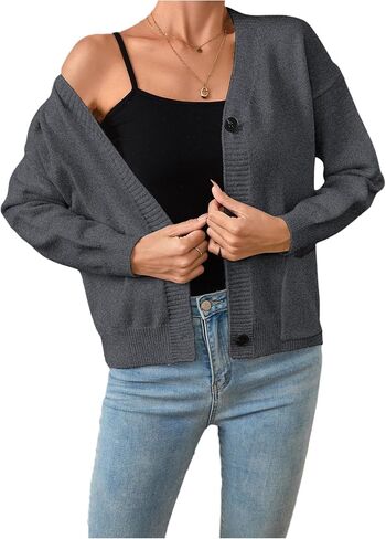 Verdusa Women's Button Down Cardigan Sweaters Long Sleeve V Neck Knit Jacket with Pockets in Saudi Arabia