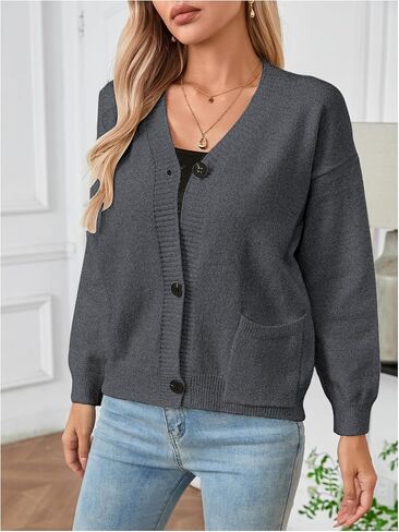 Verdusa Women's Button Down Cardigan Sweaters Long Sleeve V Neck Knit Jacket with Pockets in Saudi Arabia