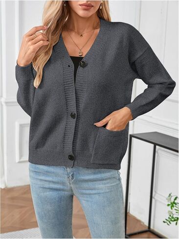 Verdusa Women's Button Down Cardigan Sweaters Long Sleeve V Neck Knit Jacket with Pockets in Saudi Arabia