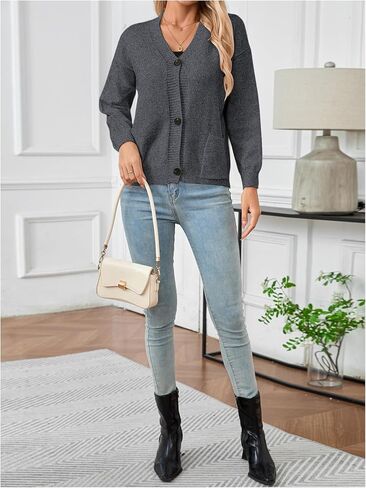 Verdusa Women's Button Down Cardigan Sweaters Long Sleeve V Neck Knit Jacket with Pockets in Saudi Arabia