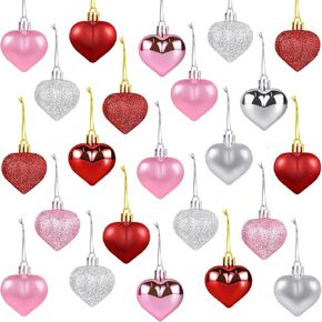36Pcs Heart Ornaments Valentines Day Decorations Red Pink Silver Glitter Valentines Ornaments for Tree Hanging Heart Shaped Ornaments for Wedding Anniversary Party Supplies