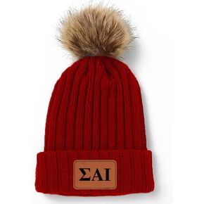 Sorority Shop Sigma Alpha Iota Beanie Hat with Pompom, with Sigma Alpha Iota Sorority Name Patch Red
