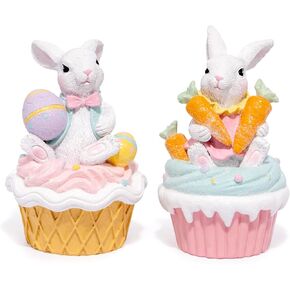 Hodao Easter Bunny Figurines - Handcrafted Resin Cupcake Decorations, Easter Egg and Carrot Design - Spring Home Décor, Table Centerpiece Decorations（2PCS）
