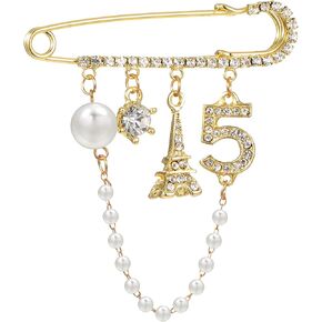 Number 5 Lapel Pins and Brooches, Fashion Pearl Rhinestone Crystal Brooch Pin, Vintage Lapel, Dress Sweater Collar Brooch for Women Girls