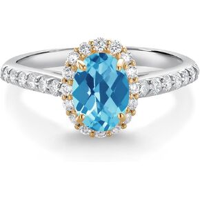 Gem Stone King 10K White Gold Swiss Blue Topaz Lab Grown Diamond Halo Engagement Ring For Women (1.31 Cttw, Oval Checkerboard 7X5MM, Gemstone November Birthstone, In Size 5, 6, 7, 8, 9)