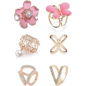 123Arts 6pcs Women Scarf Rings Fashion Faux Pearl Rhinestone Buckle Clips