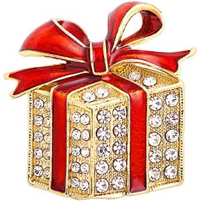 Rhinestone Gift Box Brooch Pin for Women Girls Fashion Enamel Crystal Red Bowknot Christmas Festival Ornament Brooches Lapel Pins Cute Dress Accessories Birthday Christmas Holiday Party Jewelry