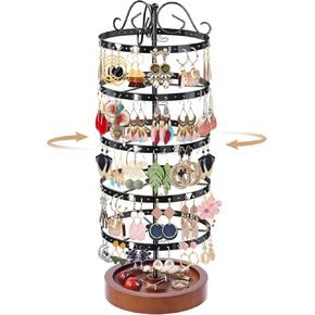 5 Tiers Rotating Earring Holder Organizer, Adjustable Metal Earring Display Stand with Wooden Tray, 220 Holes Earring Tree Storage Tower Rack for Women Girls (White)