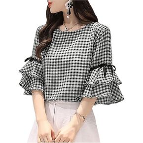 SweatyRocks Women's Ruffle Half Sleeve Round Neck Plaid Blouses Bowknot Summer Tops