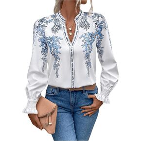 Floerns Women's Floral Print Bishop Long Sleeve Notched Neck Summer Blouse Top