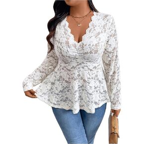 OYOANGLE Women's Plus Size Lace Sheer Long Sleeve Blouse V Neck Scallop Trim Ruffle Peplum Tops