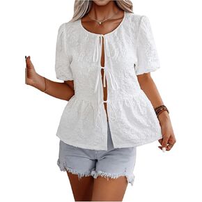OYOANGLE Women's Bow Tie Front Blouse Ruffle Peplum Babydoll Puff Short Sleeve Summer Tops