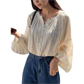 Floerns Women's Summer Lantern Long Sleeve Mesh Button Front Crew Neck Blouse Top