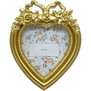 Cute Picture Frame with Heart Shape,Hand-Crafted Resin Vintage Ornate Style Picture Frames for Wall or Tabletop Display, Antique Gold 4x4 Inch Resin Photo Frame for Home Décor
