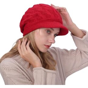 Women Winter Warm Knit Hat with Visor Brim Wool Snow Ski Caps Double Soft Lining Beanie Hats
