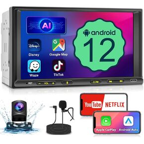 Double Din Car Stereo: 7 Inch Double Din Car Radio Compatible with Wireless Apple Carplay & Android Auto - Dual Din Touchscreen Car Audio Receiver Player with 1080P Backup Camera, Navigation