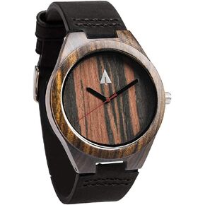 Treehut Mens Natural Black Ebony Wooden Watch with Genuine Black Leather Strap Quartz.
