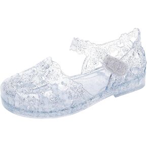 Girls Sandals Flats for Toddler Jelly Shoes Clear T-Strap Slingback Kids Glitter Jellies Princess Dress Slides Soft Retro Summer Beach Closed Toe