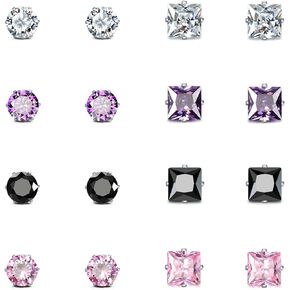 JewelrieShop Women Stud Earrings Set Tiny Small Colorful Earings Stainless Steel Post Earrings Hypoallergenic CZ Birthstone Ear Studs (8 pairs,4mm,Round,Square CZ)