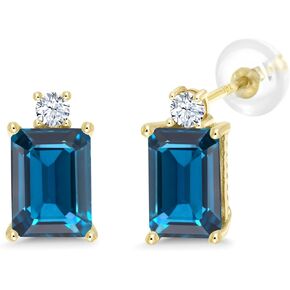 Gem Stone King 4.00 Cttw 10K Yellow Gold London Blue Topaz and White Created Sapphire Earrings For Women | Gemstone Birthstone | Emerald Cut 8X6MM