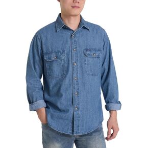 HISEA Mens Denim Shirt Long Sleeve Jean Work Shirts Regular Fit Button Down Shirts with Pockets