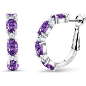 Gem Stone King 925 Sterling Silver Purple Amethyst Hoop Earrings For Women (3.78 Cttw, Gemstone Birthstone, Oval 6X4MM)