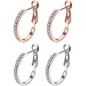 2 Pairs Set CZ Rhinestone Small Hoop Earrings 14K Rose Gold & Platinum Plated For Women Sensive Ear Fashion Dainty Crystal Huggie Hoops Stud Hypoallergenic Diamond Jewelry Gifts for Birthday Daughter Best Friend