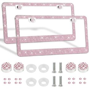 2 Pack Bling License Plate Frames Premium Sparkly License Plate Frame for Women Durable Pink Bling Car Accessories