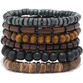 Eigso 6Pcs Wooden Beads Cuff Bracelets for Women Men Unisex Tibetan Buddhist Wrap Wood Wristband Bangle for Woman Man