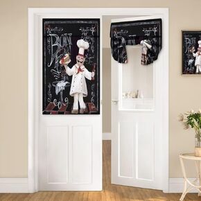Vintage Kitchen Chef Room Door Window Curtains,Abstract Medieval Fat Chef Energy Efficient for French Glass Door, Privacy Thermal Insulated Tie Up Door Shades Small Window Curtains 26 x 40 inch
