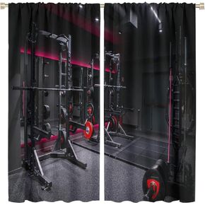 Fitness Equipment Theme Curtains, Showing Different Gym Activities Weightlifting Equipment, Window Curtains, Room Bedroom Curtains 42x45in