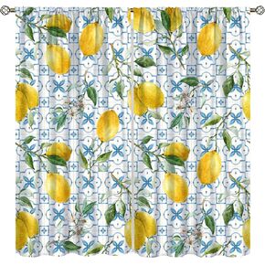 Blue Tile Lemon Curtains,Boho Hand Painted Watercolor Vintage Rustic Farmhouse Lemon Fruit Green Leaves Print Rod Pocket Window Treatments Drapes for Bedroom Kitchen 42x45in