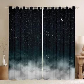 Shiny Star Print Blackout Curtains(30%-50% ) Moon Star Sky Curtain Gradient Dark Green Grey Darkening Window Drapes for Bedroom Children Decor Romantic Style Window Treatments (2 Panels, 38 x 45 Inch)