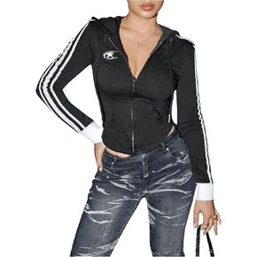MakeMeChic Women's Star Striped Hooded Full Zip Sweatshirt Drawstring Long Sleeve Coat