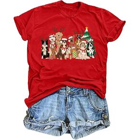 Christmas Shirts for Women Funny Xmas Light Dogs T-Shirt Cute Dog Lover Short Sleeve Holiday Tops