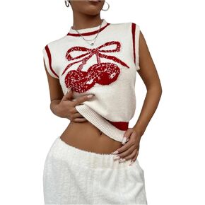 MakeMeChic Women's Cherry Sweater Vest Sleeveless Contrast Binding Crew Neck Knit Pullover Top