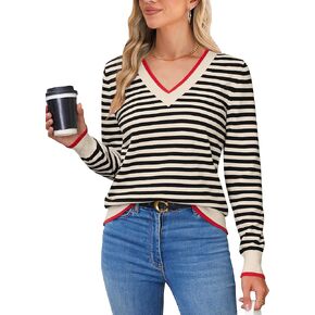 Blooming Jelly Womens Sweaters Striped V Neck Fall Outfits 2024Color Block Pullover Tops Winter Clothes