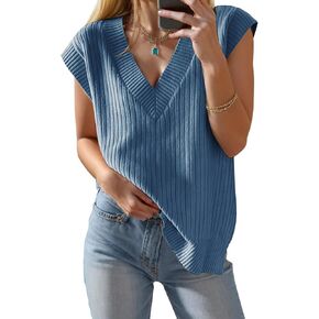 Womens Summer Tops 2025 Sweater Vest Tank Top V Neck Knit Ribbed Short Cap Sleeve Loose Fit Side Slit Trendy Casual Tops