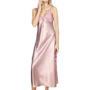 ASHER FASHION Women's Sexy Satin Long Nightgown Lace Slip Lingerie Chemise Robes