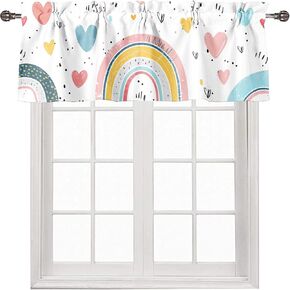 Boho Rainbow Curtain Valances Cute Cartoon Love Heart for Kitchen Windows Rod Pocket Valance Window Treatments 54 x 18 Inch, 1 Panel
