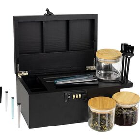 Premium Large Bamboo Box with Combination Lock,Storage Decorative box,Storage Lockbox Set with Weed Accessories 3 Jars & 3 Brushes&4 Tubes,Removable Tray,Detachable Compartment,Elegant Black