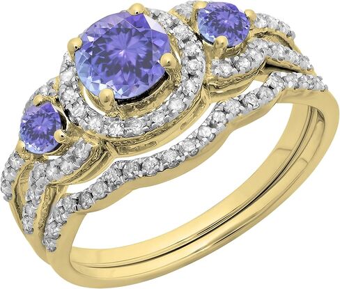 Dazzlingrock Collection 5.5 mm Round Center Gemstone & White Diamond 3 Stone Halo Bridal Engagement Ring Set for Women in 14K Solid Yellow Gold in Kuwait