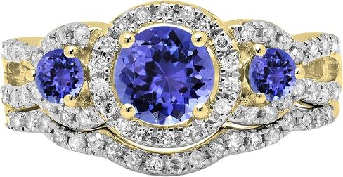 Dazzlingrock Collection 5.5 mm Round Center Gemstone & White Diamond 3 Stone Halo Bridal Engagement Ring Set for Women in 14K Solid Yellow Gold in Kuwait