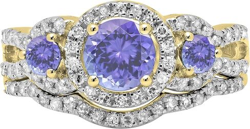 Dazzlingrock Collection 5.5 mm Round Center Gemstone & White Diamond 3 Stone Halo Bridal Engagement Ring Set for Women in 14K Solid Yellow Gold in Kuwait