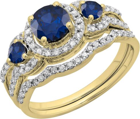 Dazzlingrock Collection 5.5 mm Round Center Gemstone & White Diamond 3 Stone Halo Bridal Engagement Ring Set for Women in 14K Solid Yellow Gold in Kuwait