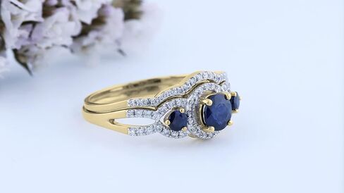 Dazzlingrock Collection 5.5 mm Round Center Gemstone & White Diamond 3 Stone Halo Bridal Engagement Ring Set for Women in 14K Solid Yellow Gold in Kuwait